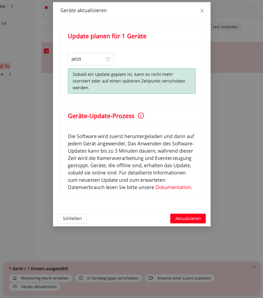 Dialog zur Planung eines Geräte-Updates